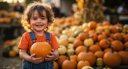 Fototapeta premium Young child smiling while holding pumpkin at outdoor market 