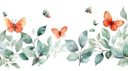 Colorful butterflies among lush green leaves.