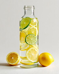 glass bottle with infused detox water and lemon slices, white backdrop