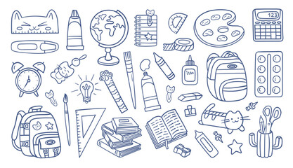 Hand-drawn school supplies doodle collection with cute cat elements. Includes books, backpacks, globe, pencils, paints, ruler, glue, alarm clock, palette, and more. Perfect for back to school.