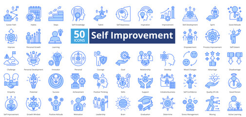 Self Improvement icon set contains 50 icons including, achievement, skills, support, initiation, business, moving, active learning, simple vector blue style.