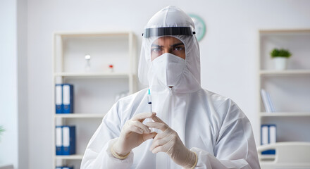 A male healthcare professional, wearing full Personal Protective Equipment (PPE) including a hazmat suit and a face shield, prepares a syringe for an injection.
