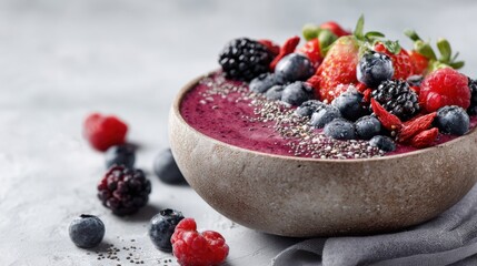 A vibrant bowl of mixed berry smoothie topped with fresh strawberries and chia seeds.
