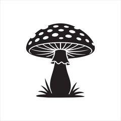 Stylized silhouette of a spotted mushroom in grass