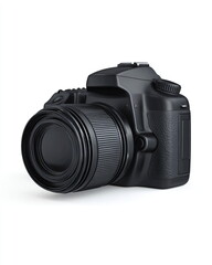 Fototapeta premium black DSLR camera with lens cap, isolated on white