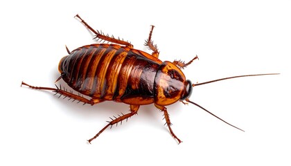 High-angle close-up of a cockroach on a white background