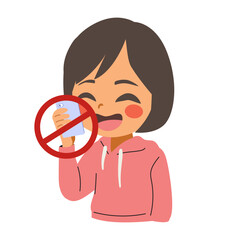 Cartoon illustration of a baby girl holding a smartphone showing a red ban icon, conveying a “no phones in childhood” or screen time awareness concept