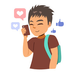 Cartoon vector illustration of a teenage boy receiving good feedback on social media while holding his phone. Drawing for digital life and teenager content