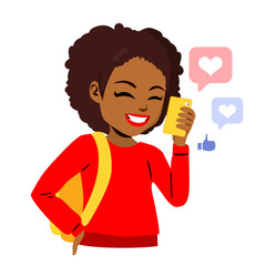 Cartoon vector of a teenage girl smiling while receiving positive comments on her smartphone. Illustration for social media, self-esteem mental health concept