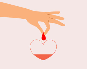 Cartoon vector illustration of a hand holding a blood drop filling an empty heart, symbolizing donation, care and life-saving support