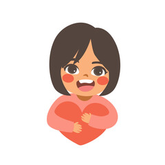 Cartoon illustration of a girl holding a large red heart with both hands self esteem concept. Vector for love, charity, donation or Valentine's Day visuals