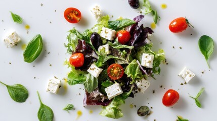 A vibrant salad featuring fresh greens, cherry tomatoes, and feta cheese, perfect for healthy eating and meal prep.