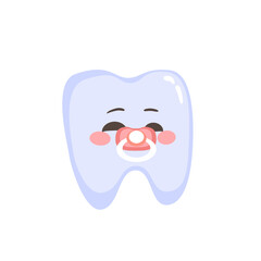 Cartoon illustration of a baby tooth with a pacifier, representing early childhood and first teeth development. Drawing for pediatric, dental or parenting visuals
