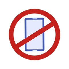 Cartoon vector of a smartphone with a red prohibition sign illustration. Icon symbol concept for restricted photography, screen usage limits or mobile device use at school