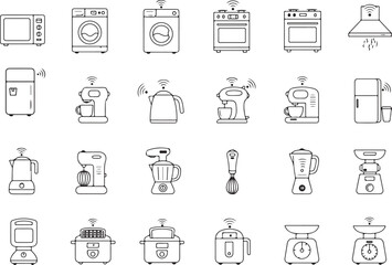 Household appliance icon set, smart kitchen tools vector pack, home electronics illustrations for web, apps, packaging, infographics, branding, tutorials, and lifestyle design