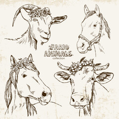 Hand-drawn set in vintage style with farm animals on a light background with texture.