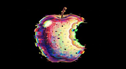 Glitch art apple with bite mark on black background