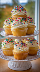 Festive birthday cupcakes with rainbow sprinkles on a white cake stand