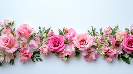 Floral border of pink roses and alstroemeria flowers. Elegant design for invitations or celebrations. 