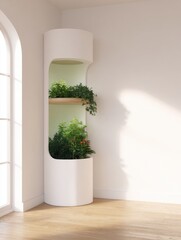 Fototapeta premium Vertical hydroponic tower in minimalist hallway for modern interior design