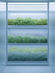 Modern indoor urban farming with shelf unit displaying lush greenery in vertical frame