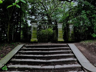 path in the garden, steps and gates in the park, old building, architecture, park in summer