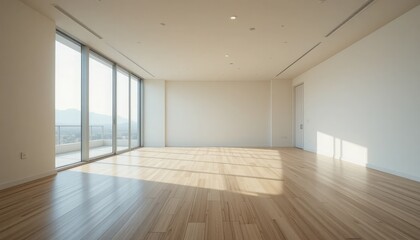 Sunlit empty modern room with large floor to ceiling windows