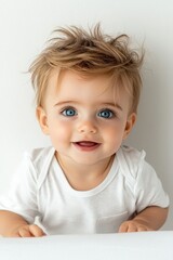 Fototapeta premium Adorable Baby Smiling with Bright Blue Eyes and Effortless Hairstyle