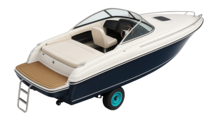 Family cabin cruiser with a sunbathing platform and swim ladder at the stern