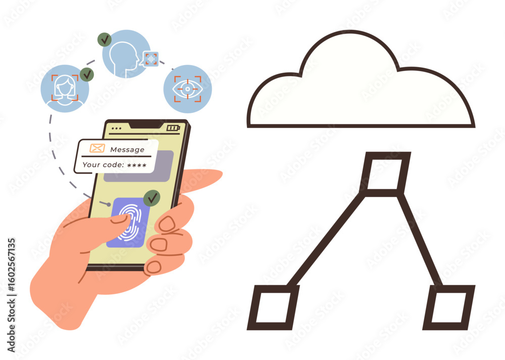 Poster Hand holding phone with two-step authentication, fingerprint scanner, and secure code. Cloud computing, encryption, and network connection. Ideal for cybersecurity, technology, data storage