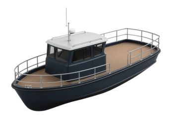 Cabin trawler with a robust hull and a wide, covered aft deck area