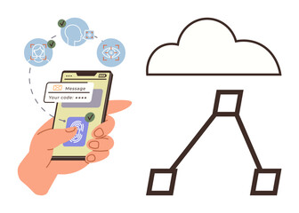 Hand holding phone with two-step authentication, fingerprint scanner, and secure code. Cloud computing, encryption, and network connection. Ideal for cybersecurity, technology, data storage