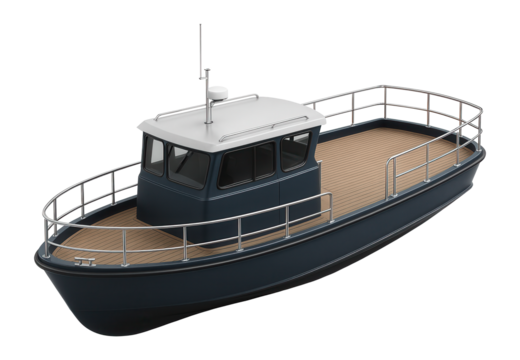 Cabin trawler with a robust hull and a wide, covered aft deck area