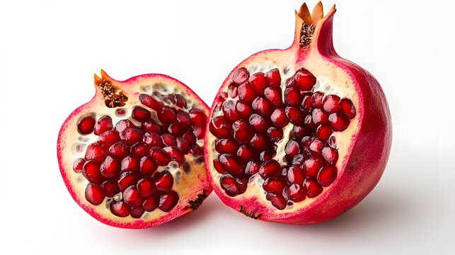 Juicy Pomegranate, One Half Bursting with Red Arils, Beside a Whole Fruit and Scattered Seeds