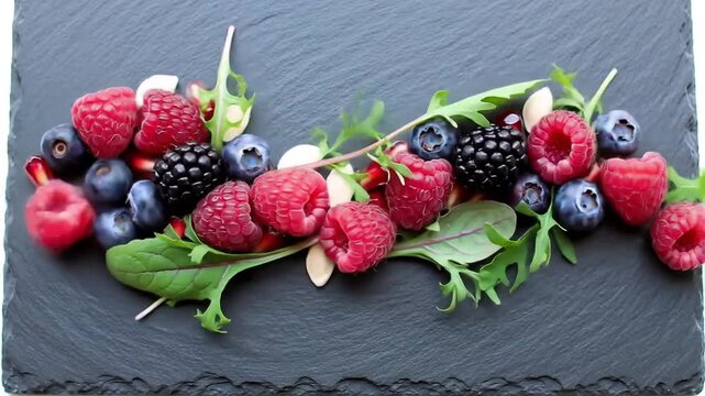 Vibrant Mixed Berries Composition On Black Stone Plate Background