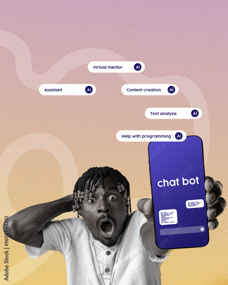 Poster excited student engaging with ai chatbot for assistance in programming and content creation