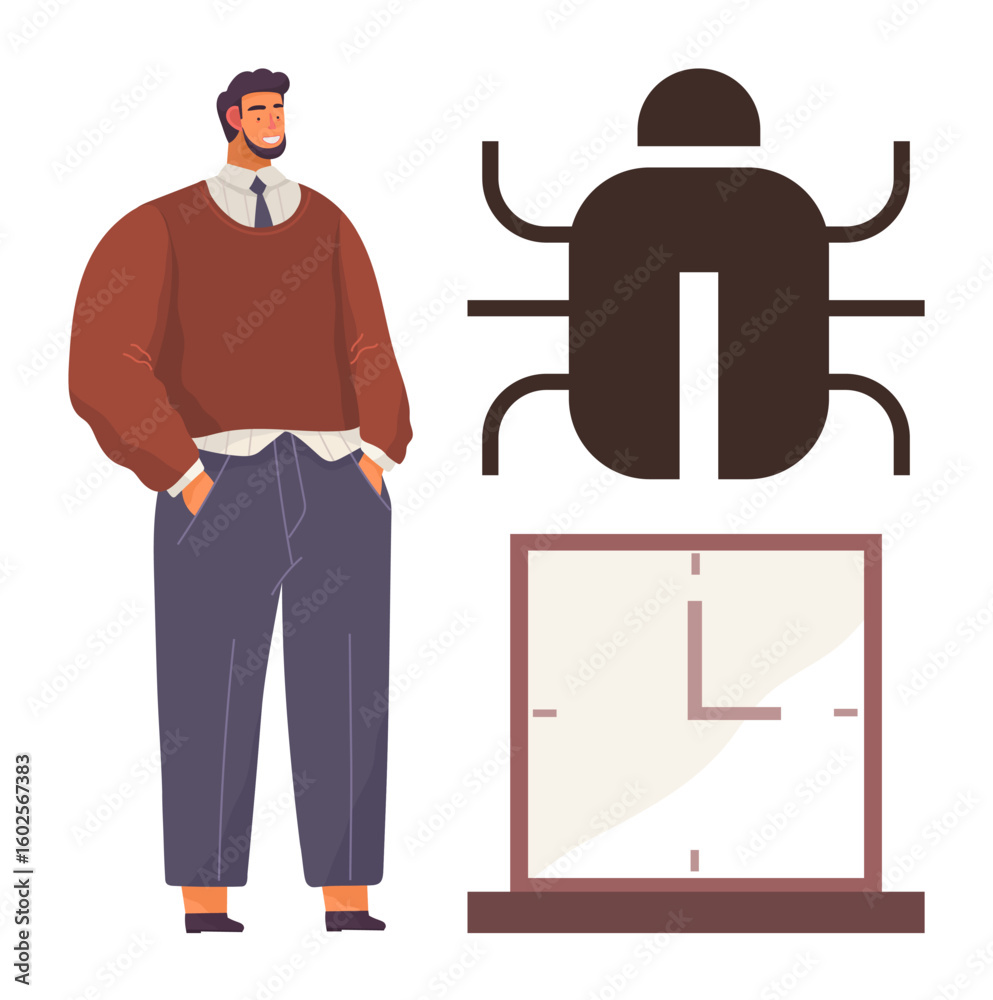 Poster confident individual standing with hands in pockets near a bug icon and clock symbolizing debugging,