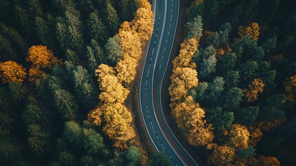 Scenic winding road through autumn forest from aerial view
