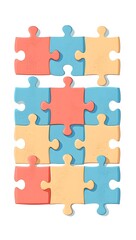 Fototapeta premium A close up view of a completed puzzle with blue peach and orange pieces on white background