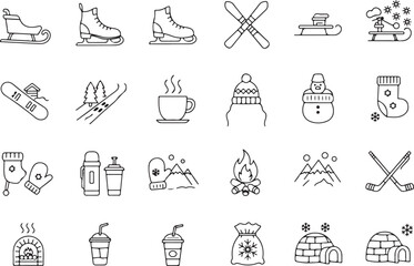 Winter activity icon pack, seasonal sports and snow graphics, cozy holiday symbols for web, apps, posters, packaging, tutorials, crafts, branding, and infographics