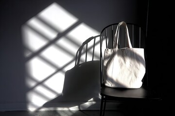 A cream-colored tote bag rests on a dark chair, bathed in sunbeams casting sharp shadows on a light gray wall