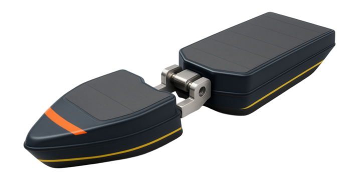 Articulated tug and barge with interlocking connectors and a low-slung profile