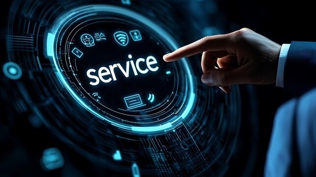 Digital service interface with hand touching virtual technology button
 - Powered by Adobe