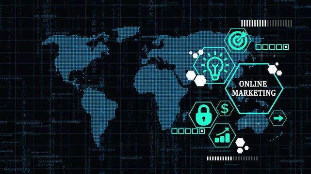 Digital Marketing Technology Solution for Online Business Concept. Business, Technology, Internet and network concept. technology background with Cyberspace binary matrix letter bits.