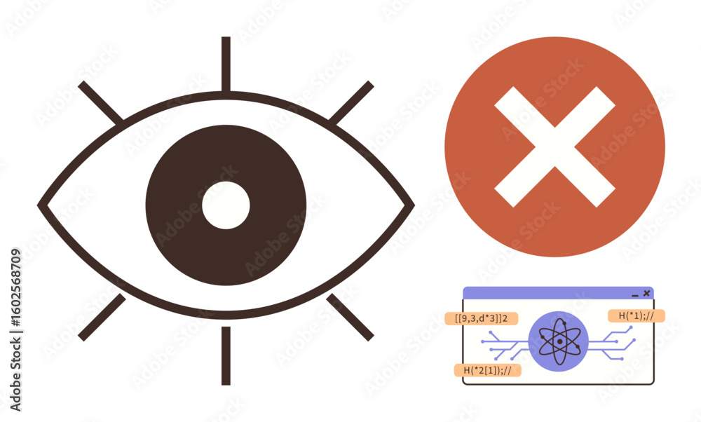 Poster large eye and cross mark emphasize restricted access, paired with a tech-based digital interface. id