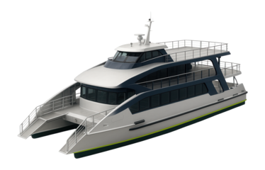 Passenger ferry motor catamaran with multiple decks and wide boarding ramps