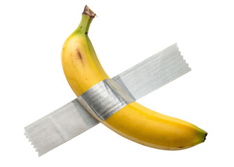 A yellow banana glued by a silver tape, psot-modern art sarcasm, transparent background PNG