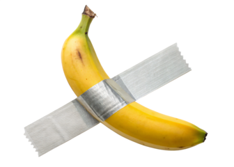 A yellow banana glued by a silver tape, psot-modern art sarcasm, transparent background PNG
