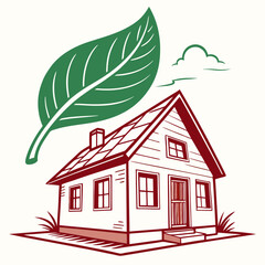 Elegant eco-friendly house illustration with green leaf, creative vector design for sustainable architecture