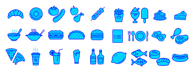 Fast food related icon set. Burger, fast snacks, sandwich, fries, hot dog, burrito, pizza vector illustrations. Street food color icons.